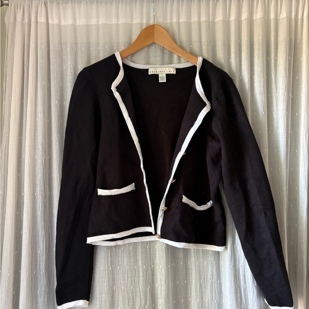 Reckless Love Black and White Contrast Trim Button Front Cardigan - Picture 3 of 6